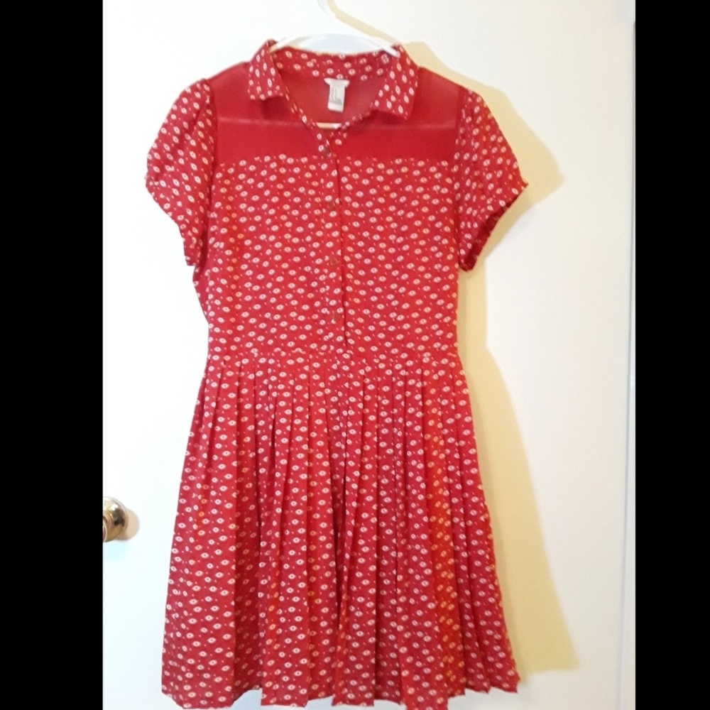 Red and white floral vintage style button up dress